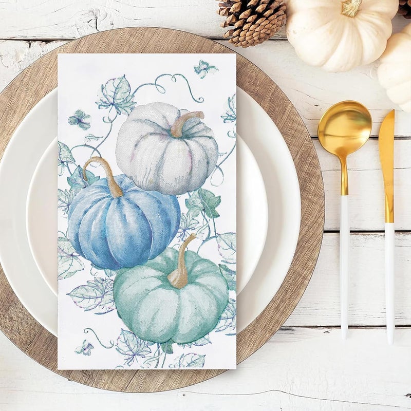 Grencian 100Pcs Fall Napkins Thanksgiving Napkins 3 Ply Blue White Pumpkin Guest Napkin Disposable Hand Towels for Bathroom Kitchen Dinner Napkin for Fall Wedding Baby Shower Thanksgiving Party - Image 4